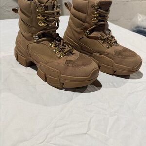 PRETTYLITTLETHING Combat Boots Brown Lace Up Canvas Ankle Women's Casual US